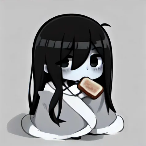 (masterpiece, best quality:1.2), highres, intricate details, detailed hair, 1girl, chibi, <lora:sadako:0.8>, Sadako, pale skin, grey skin, <lora:toast-nvwls-v1:0.8>, toast in mouth, toast, <lora:cozyblanket-nvwls-v1:1.1>, cozyblanket, simple background