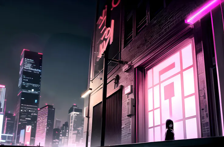 cyberpunk city Sadako, hair over eyes, pale skin, grey skin (wearing a cyberpunk white nightgown) , at night, on a rooftop, different pose, neon signs, ads banner, masterpiece, best quality, highly detailed, highres, hdr, professional lightning,<lora:sadako-10:1>