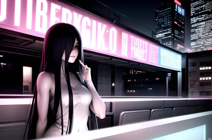 cyberpunk city Sadako, hair over eyes, pale skin, grey skin (wearing a cyberpunk white night garn) , at night, on a rooftop, different pose, neon signs, ads banner, masterpiece, best quality, highly detailed, highres, hdr, professional lightning,<lora:sadako-10:1>