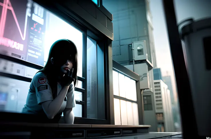 cyberpunk city Sadako, hair over eyes, pale skin, grey skin (wearing a cyberpunk bulletproof vest:1.2), at night, on a rooftop, different pose, neon signs, ads banner, masterpiece, best quality, highly detailed, highres, hdr, professional lightning,<lora:sadako-10:1>