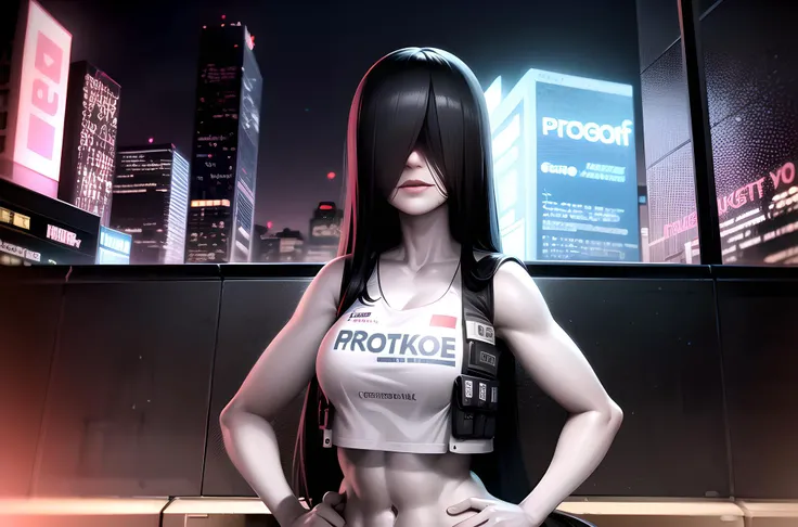 cyberpunk city Sadako, hair over eyes, pale skin, grey skin (wearing a cyberpunk bulletproof vest:1.2), at night, on a rooftop, different pose, neon signs, ads banner, masterpiece, best quality, highly detailed, highres, hdr, professional lightning,<lora:sadako-10:1>