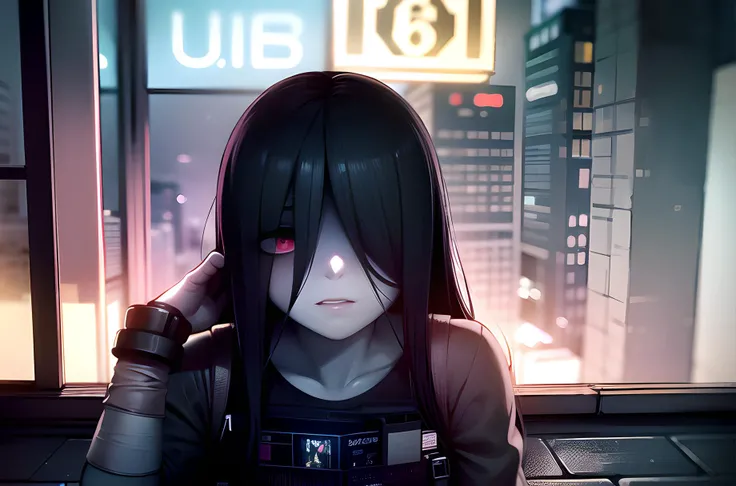 cyberpunk city Sadako, hair over eyes, pale skin, grey skin  (wearing a cyberpunk bulletproof vest:1.2), at night, on a rooftop, different pose,   neon signs, ads banner, masterpiece, best quality, highly detailed, highres, hdr, professional lightning,<lora:sadako-10:1>