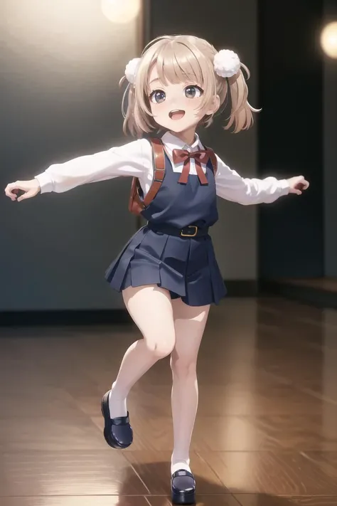 extremely detailed,high quality,highres,16K,RAW,ultra highres,ultra details,finely detail,an extremely delicate and beautiful,extremely detailed,lovely sweet cute moe face,glowing skin,blush cheeks,cinematic lighting,sharp focus bokeh,highlight cinematicpostprocessing,intricate human hands fingers,thighs,pale skin,1girl,(masterpiece, top quality, best quality, official art, beautiful and aesthetic:1.2),hair between eyes,(cute,small:1.5), girl,extremely close up toe,(chibi:1.5),white skin,ui3, 1girl, solo, green eyes, pom pom \(clothes\), (backpack:1.1), pinafore dress, white shirt, white socks, long sleeves, aged down, short hair, belt, red bowtie, bangs, school uniform, blue dress, collared shirt <lora:shigure_ui_v2:0.6>,(dancing,dynamic angle,dancing step,:1.5),open mouth,full body,(looking on your toe:1.5),(looking down,looking away,smile:1.5),skip,