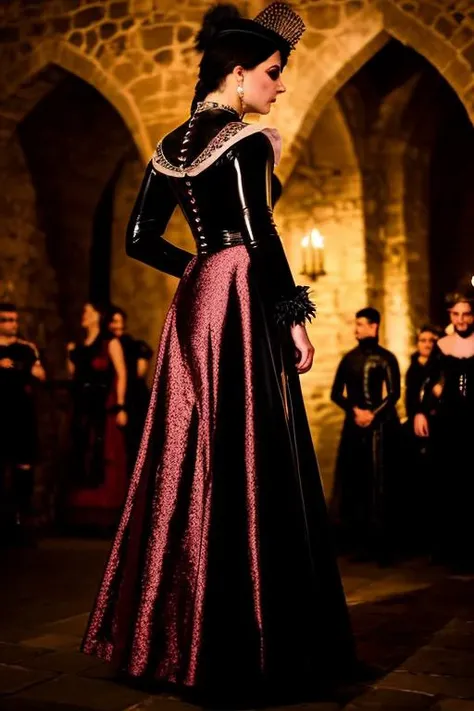 Photo of 1girl, in royal ornate dress , silk, latex, renounce 1boy, in medieval castell at night, punk, [InToThe2KGothClub:0,4] light from the side