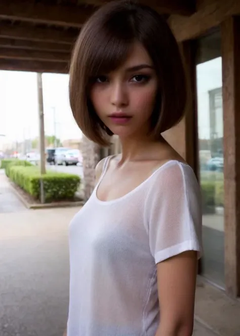 1girl, solo, (cyberdelic hair,  bob cut hair:1.36), in street, standing, outroors,  blouse , from above
, cowboy shot, arms behind back, Ultra-high quality photos, RAW photo, beautiful detailed face and eyes, (photorealistic:1.4), best quality, highres, realistic, 16k, caustics, Core shadow, dynamic light, beautiful and delicate lips, delicate fingers, detailed pupil, real human skin, (Extremely detailed),