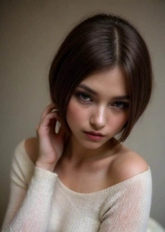 1girl, solo, (Two-tone hair,  short hair:1.36), in street, standing, outroors,  off-shoulder sweater , from above
, cowboy shot, arms behind back, Ultra-high quality photos, RAW photo, beautiful detailed face and eyes, (photorealistic:1.4), best quality, highres, realistic, 16k, caustics, Core shadow, dynamic light, beautiful and delicate lips, delicate fingers, detailed pupil, real human skin, (Extremely detailed),