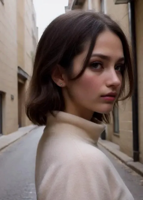 1girl, solo, (contrasting colors hair,  retriever hair:1.36), (in street:1.3), standing, outroors,  turtleneck ,  from side 
, cowboy shot, arms behind back, Ultra-high quality photos, RAW photo, beautiful detailed face and eyes, (photorealistic:1.4), best quality, highres, realistic, 16k, caustics, Core shadow, dynamic light, beautiful and delicate lips, delicate fingers, detailed pupil, real human skin, (Extremely detailed),