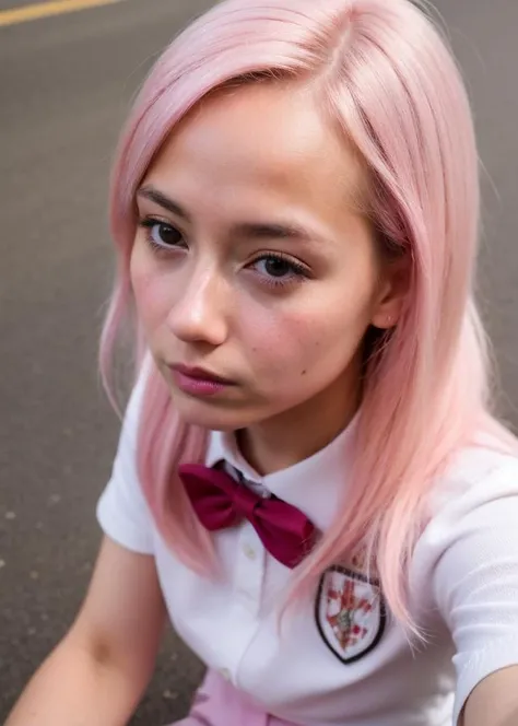 (wear a school uniform :1.3), a (selfie:1.2) of a 1girl, 22 yo, Skin luster, Rembrandt lighting, (baby pink hair, Jinx hair:1.36), serious photograph for passports, ID cards, (close to viewer, POV:1.1), small breasts, from above, dynamic light, day light, sunshine, (freckles:0.2), (dark mole:0.2), (skin spots, acnes, skin blemishes, age spot, lanugo:0.2), (in the harbor:1.3) NaturalHand2-3500, Ultra-high quality photos, RAW photo, beautiful detailed face and eyes, (photorealistic:1.4), best quality, highres, realistic, 16k, caustics, Core shadow, dynamic light, beautiful and delicate lips, delicate fingers, detailed pupil, real human skin, (Extremely detailed),, (natural lighting :1.2), gochuumon wa usagi desu ka?, masterpiece, best quality, nostalgic