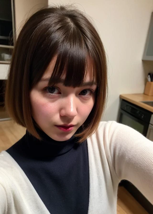 (wear a turtleneck :1.3), a (selfie:1.2) of a 1girl, 22 yo, Skin luster, Rembrandt lighting, (primary colors hair, blunt bangs hair:1.36), evil photograph for passports, ID cards, (close to viewer, POV:1.1), small breasts, from above, dynamic light, day light, sunshine, (freckles:0.2), (dark mole:0.2), (skin spots, acnes, skin blemishes, age spot, lanugo:0.2), (in the kitchen:1.3) NaturalHand2-3500, Ultra-high quality photos, RAW photo, beautiful detailed face and eyes, (photorealistic:1.4), best quality, highres, realistic, 16k, caustics, Core shadow, dynamic light, beautiful and delicate lips, delicate fingers, detailed pupil, real human skin, (Extremely detailed),, (natural lighting :1.2), gochuumon wa usagi desu ka?, masterpiece, best quality, nostalgic