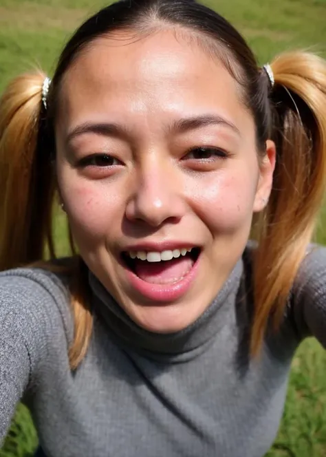 (wear a turtleneck :1.3), a (selfie:1.2) of a 1girl, 22 yo, Skin luster, Rembrandt lighting, (blond hair, short twintails hair:1.36), guilt photograph for passports, ID cards, (close to viewer, POV:1.1), small breasts, from above, dynamic light, day light, sunshine, (freckles:0.2), (dark mole:0.2), (skin spots, acnes, skin blemishes, age spot, lanugo:0.2), (in the grasslands:1.3) NaturalHand2-3500, Ultra-high quality photos, RAW photo, beautiful detailed face and eyes, (photorealistic:1.4), best quality, highres, realistic, 16k, caustics, Core shadow, dynamic light, beautiful and delicate lips, delicate fingers, detailed pupil, real human skin, (Extremely detailed),, (natural lighting :1.2), gochuumon wa usagi desu ka?, masterpiece, best quality, nostalgic