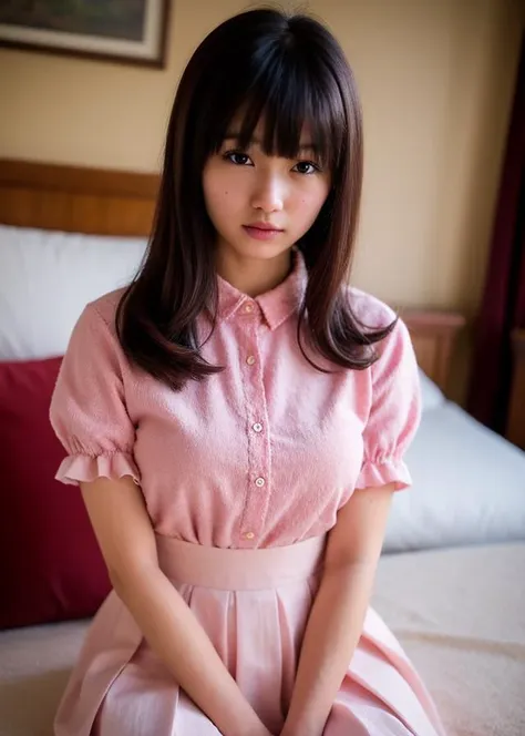 (solo),1girl,(tareme:1.2), (wear a  school uniform:1.3), (kawaii), (sepia hair,  bangs hair:1.2),
dress, ribbons,hair ribbon, hair ornament,hair flower, evil, looking at viewer, pink headwear,red eyes,symbol-shaped pupils, short sleeves, puffy sleeves, bangs, blush, blunt bangs, puffy short sleeves, jewelry, ribbon, plaid dress, makeup,eyelashes, necklace, wavy hair, indoors, messy room, window,sweet,girls's room,pink theme,painting \(medium\),teddy bear, stuffed toy, loaded interior,bedroom,(((otaku room))),  NaturalHand2-3500, Ultra-high quality photos, RAW photo, beautiful detailed face and eyes, (photorealistic:1.4), best quality, highres, realistic, 16k, caustics, Core shadow, dynamic light, beautiful and delicate lips, delicate fingers, detailed pupil, real human skin, (Extremely detailed),, (natural lighting :1.2), gochuumon wa usagi desu ka?, masterpiece, best quality, nostalgic