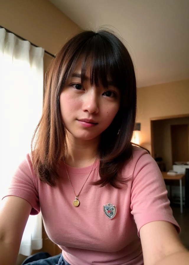 (solo),1girl,(tareme:1.2), (wear a school uniform:1.3), (kawaii:1.3), (sepia hair, bangs hair:1.2),
dress, ribbons,hair ribbon, hair ornament,hair flower, evil, looking at viewer, pink headwear,red eyes,symbol-shaped pupils, short sleeves, puffy sleeves, bangs, blush, blunt bangs, puffy short sleeves, jewelry, ribbon, plaid dress, makeup,eyelashes, necklace, wavy hair, indoors, messy room, window,sweet,girls's room,pink theme,painting \(medium\),teddy bear, stuffed toy, loaded interior,bedroom,(((otaku room))), NaturalHand2-3500, Ultra-high quality photos, RAW photo, beautiful detailed face and eyes, (photorealistic:1.4), best quality, highres, realistic, 16k, caustics, Core shadow, dynamic light, beautiful and delicate lips, delicate fingers, detailed pupil, real human skin, (Extremely detailed),, (natural lighting :1.2), gochuumon wa usagi desu ka?, masterpiece, best quality, nostalgic