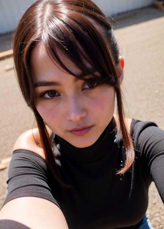 (wear a turtleneck :1.3), a (selfie:1.2) of a 1girl, 22 yo, Skin luster, Rembrandt lighting, (cyberdelic hair, messy bun hair:1.36), ringed eyes photograph for passports, ID cards, (close to viewer, POV:1.1), small breasts, from above, dynamic light, day light, sunshine, (freckles:0.2), (dark mole:0.2), (skin spots, acnes, skin blemishes, age spot, lanugo:0.2), (in the construction site:1.3) NaturalHand2-3500, Ultra-high quality photos, RAW photo, beautiful detailed face and eyes, (photorealistic:1.4), best quality, highres, realistic, 16k, caustics, Core shadow, dynamic light, beautiful and delicate lips, delicate fingers, detailed pupil, real human skin, (Extremely detailed),, (natural lighting :1.2), gochuumon wa usagi desu ka?, masterpiece, best quality, nostalgic