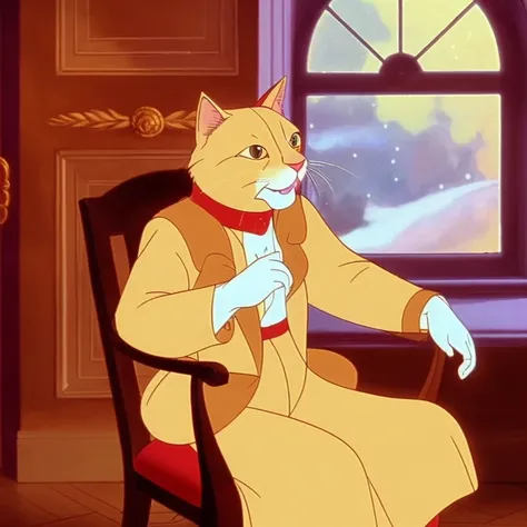 a cat sitting in a chair, highly detailed, cwitrbvcxz , 1900s, animated cartoon, gorgeous lighting, illuminated