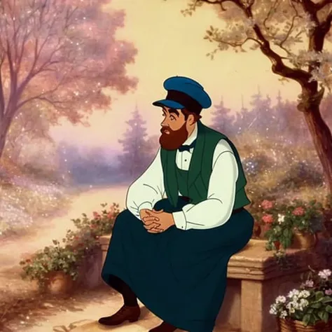 a man sitting in a garden, vest with apron, highly detailed, Zwxthejx , 1900s, animated cartoon, gorgeous lighting, illuminated