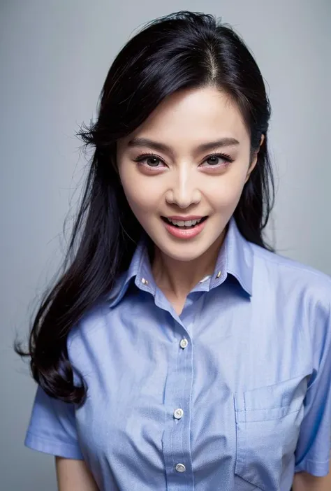 <lora:fanbingbing4:0.92:lbw=1,0,0,0,1,1,0,0,1,1,1,1,1,1,1,1,1>fanbingbing face,fanbingbing body,(good hands,perfect hands),
1girl, solo, long hair, realistic, black hair, lips, shirt, looking at viewer, grey background, nose, simple background, upper body, pose, buttons, brown eyes, black eyes, blue shirt, collared shirt, short sleeves, highres,pov,(grin:1.23),open mouth,
(8k, RAW photo, best quality, masterpiece:1.2), (realistic, photo-realistic:1.55), (ultra-detailed:1.34), highres,
(pov:1.35)