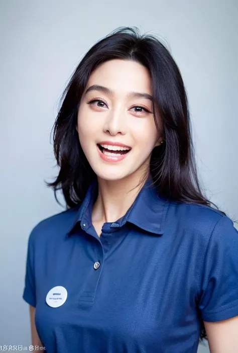 <lora:fanbingbing4:0.92:lbw=1,0,0,0,1,1,0,0,1,1,1,1,1,1,1,1,1>fanbingbing face,fanbingbing body,(good hands,perfect hands),
1girl, solo, long hair, realistic, black hair, lips, shirt, looking at viewer, grey background, nose, simple background, upper body, pose, buttons, brown eyes, black eyes, blue shirt, collared shirt, short sleeves, highres,pov,(grin:1.23),open mouth,
(8k, RAW photo, best quality, masterpiece:1.2), (realistic, photo-realistic:1.55), (ultra-detailed:1.34), highres,
(pov:1.35)