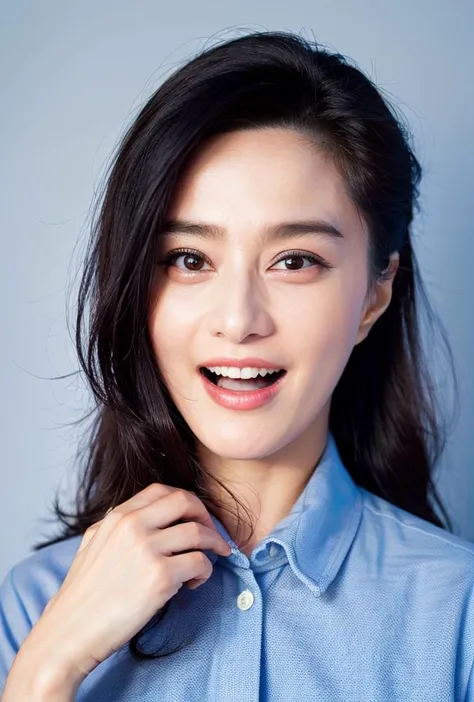 <lora:fanbingbing4:0.92:lbw=1,0,0,0,1,1,0,0,1,1,1,1,1,1,1,1,1>fanbingbing face,fanbingbing body,(good hands,perfect hands),
1girl, solo, long hair, realistic, black hair, lips, shirt, looking at viewer, grey background, nose, simple background, upper body, pose, buttons, brown eyes, black eyes, blue shirt, collared shirt, short sleeves, highres,pov,(grin:1.23),open mouth,
(8k, RAW photo, best quality, masterpiece:1.2), (realistic, photo-realistic:1.55), (ultra-detailed:1.34), highres,
(pov:1.35)