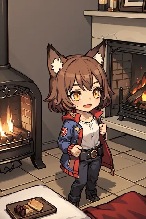 (best quality), (masterpiece), (Chibi), in shack, fireplace, wooden table, bed, 1girl sit on bed, smiling, fox ear, red eye makeup, (stupid face), (innocent face:1.4), (white shirts), (middle hair), (dark_brown_hair:1.2), golden-yellow eyes, smiling, (fang), solo, (short hair), cowboy shot, blue jean, skinny, middle-small breast, {twinkle eye}, [bob cut:0.7], {big round eye}, open mouth, dynmaic pose, outer jacket, a red cloth tied around the waist