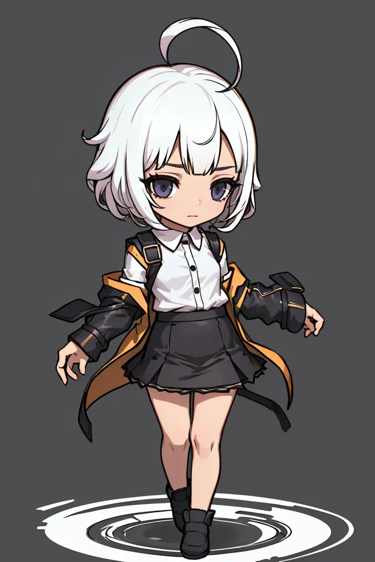 (best quality), (masterpiece), (Chibi), (1girl), (solo), (female focus), (ahoge, white hair, short hair), black eyes, ((white shirt), (buttoned shirt)), ((black skirt), (short skirt)), standing, white background, arms behind back
