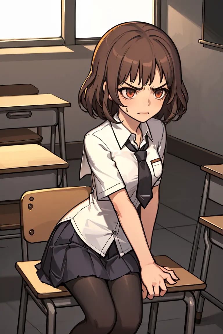 (masterpiece, best quality), 1girl, school uniform, long necktie, (embrassed), (annoyed),perfect face, beautiful face, in classroom, buttoned white shirt, darkbrown hair|black hair, black stockings, tied up hair, medium hair