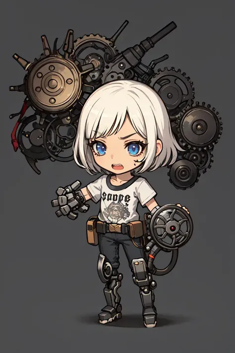 (best quality), (masterpiece), (CHIBI), dramatic light, 1girl, cogwheel room, mechanical prosthetic hand, (excessvie cogwheels), prosthetic hand, face mask, steampunk, perfect face, cyborg, T-shirt, pants, perfect face, simple background, upper body, detailed face, teeth, open mouth, Ultra-detailed