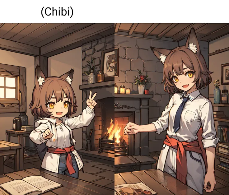 (best quality), (masterpiece), (Chibi), in shack, fireplace, wooden table, bed, 1girl sit on bed, smiling, fox ear, red eye makeup, (stupid face), (innocent face:1.4), (white shirts), (middle hair), (dark_brown_hair:1.2), golden-yellow eyes, smiling, (fang), solo, (short hair), cowboy shot, blue jean, skinny, middle-small breast, {twinkle eye}, [bob cut:0.7], {big round eye}, open mouth, dynmaic pose, outer jacket, a red cloth tied around the waist