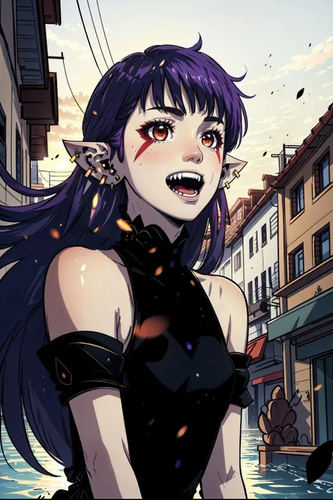 best quality, intricate details,
1girl, <lora:chara_SoloLeveling_EsilRadiru_v1:0.8> esil radiru, open mouth, smile, fangs, from front, upper body, purple hair, very long hair, red eyes, floating hair, straight hair, pointy ears, earrings, facial mark, single braid, black dress, bare shoulders