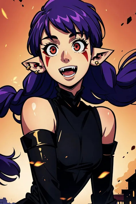 best quality, intricate details,
1girl, <lora:chara_SoloLeveling_EsilRadiru_v1:0.8> esil radiru, open mouth, smile, fangs, from front, upper body, purple hair, very long hair, red eyes, floating hair, straight hair, pointy ears, earrings, facial mark, single braid, black dress, bare shoulders