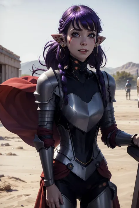 photography, ultra realistic, bokeh, UHD, HDR, highres, ultra detailed, intricate details, textural effects, absurdres, masterpiece, 8k, 1girl, esil radiru, partially opened mouth, smile, fang, from front, looking at the viewer, purple hair, very long hair, red eyes, single braid, pointy ears, earrings, facial mark, single braid, yellow armor, cape, beautifully detailed woman, extremely detailed eyes and face, beautiful detailed eyes, (skindentation), full body shot,
 <lora:chara_SoloLeveling_EsilRadiru_v1:1>