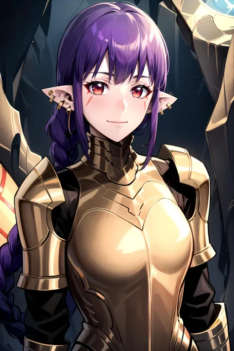 best quality, (masterpiece:1.2), detailed,
 <lora:chara_SoloLeveling_EsilRadiru:0.7>, esil radiru,
solo, closed mouth, light smile, 
purple hair, long hair, braid, red eyes, pointy ears, facial mark, earrings,
red amor, gold trim, pauldrons,
standing, looking at the viewer, upper body,
cave