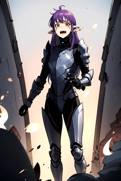 best quality, (masterpiece:1.2), detailed,
 <lora:chara_SoloLeveling_EsilRadiru:0.7>, esil radiru,
solo, open mouth, surprised,
purple hair, long hair, red eyes, pointy ears, facial mark, earrings,
black armor, grey armor, gauntlets, 
standing, looking at the viewer,
fire, hell