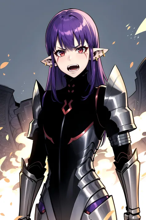 best quality, (masterpiece:1.2), detailed,
<lora:chara_SoloLeveling_EsilRadiru:0.7>, esil radiru,
solo, angry, fangs,
purple hair, long hair, red eyes, pointy ears, facial mark, earrings,
black armor, grey armor, gauntlets,
standing, looking at the viewer, upper body,
fire, hell