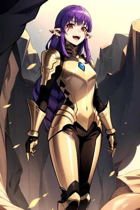 best quality, (masterpiece:1.2), detailed,
 <lora:chara_SoloLeveling_EsilRadiru:0.7>, esil radiru,
solo, open mouth, light smile,
purple hair, long hair, braid, red eyes, pointy ears, facial mark, earrings,
red amor, gold trim, pauldrons,
standing, looking at the viewer,
cave