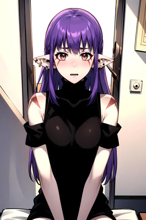 best quality, (masterpiece:1.2), detailed,
 <lora:chara_SoloLeveling_EsilRadiru:0.8>, esil radiru,
solo, surprised, light blush,
purple hair, long hair, red eyes, pointy ears, facial mark, earrings,
black shirt, tank top, collarbone, bare shoulders, detached sleeves, short sleeves,
sitting, looking at the viewer, upper body,
indoors