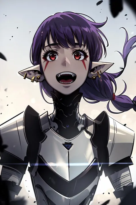 (highly detailed:1.2), (highres:1.2), esil radiru, open mouth, smile, fangs, from front, upper body, purple hair, very long hair, red eyes, floating hair, straight hair, pointy ears, earrings, facial mark, single braid, light armor, shiny, (solo:1.1), (eyelashes:1.1), (depth of field:1.1), dynamic angle, light and shadow, Real light and shadow, diffuse reflection,
<lora:Mild detail adjusterV10:0.5> <lyco:GoodHands-beta2:1.0> <lora:chara_SoloLeveling_EsilRadiru_v1:0.8>