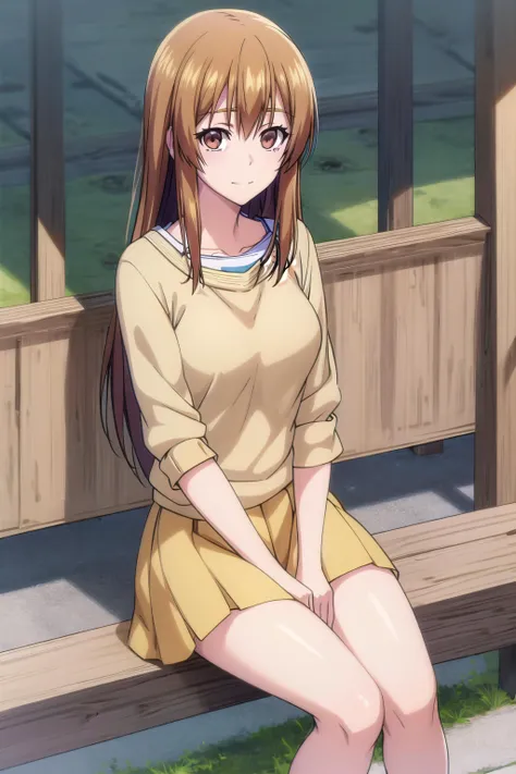best quality, (masterpiece:1.2), highly detailed, sitting,
1girl, solo, <lora:chara_GrandBlue_KotegawaNanaka_v1:0.9>, kotegawa nanaka,
looking at viewer, slight smile, closed mouth,
brown eyes, brown hair, long hair, yellow skirt, yellow sweater