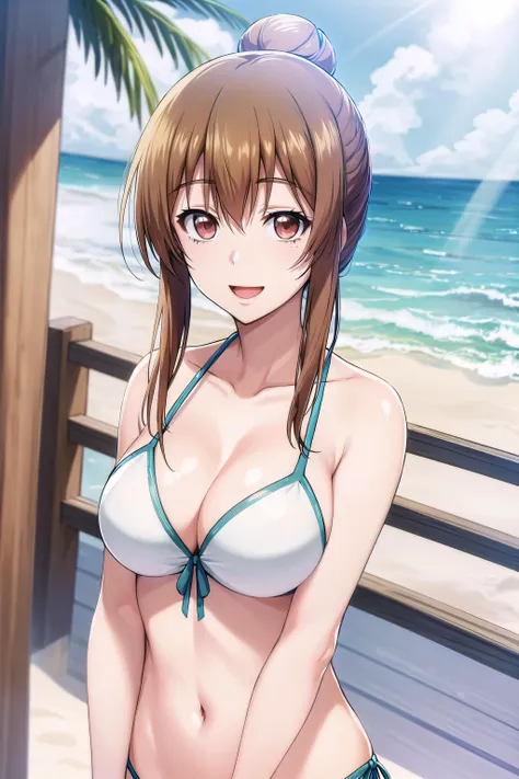 best quality, (masterpiece:1.2), highly detailed, ocean, beach, sun rays,
1girl, solo, <lora:chara_GrandBlue_KotegawaNanaka_v1:0.9>, kotegawa nanaka,
looking at viewer, slight smile, open mouth, large breasts,
brown eyes, brown hair, single hair bun, white bikini, front-tie top