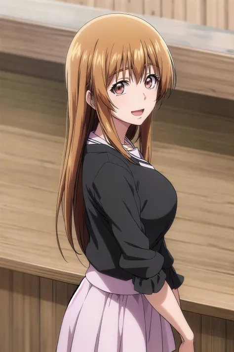 best quality, (masterpiece:1.2), highly detailed, shop, indoors,
1girl, <lora:chara_GrandBlue_KotegawaNanaka_v1:0.9>, kotegawa nanaka,
looking at viewer, slight smile, open mouth,
brown eyes, brown hair, long hair, black shirt, elbow sleeves, pink skirt, miniskirt