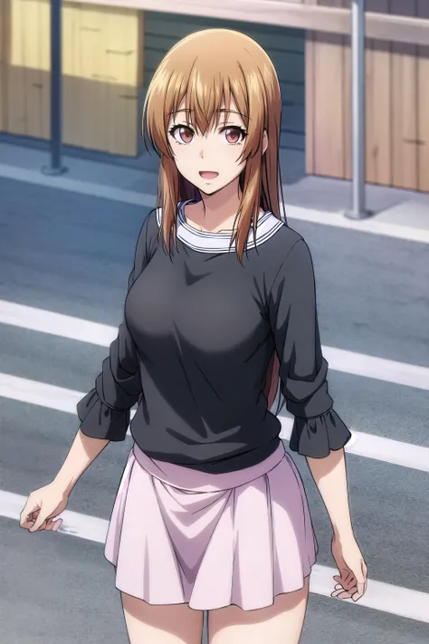 best quality, (masterpiece:1.2), highly detailed, street,
1girl, <lora:chara_GrandBlue_KotegawaNanaka_v1:0.9>, kotegawa nanaka,
looking at viewer, slight smile, open mouth,
brown eyes, brown hair, long hair, black shirt, elbow sleeves, pink skirt, miniskirt