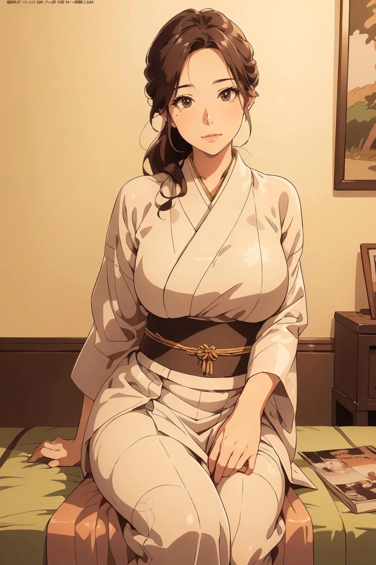 8k high quality detailed,highres,anime,comic,detailed image,
(an illustration of a age girl posing,an illustration of girl,teengirl,magazine_sheet),(magazine_illustration),
(, OVA_Liulijiang,mature female,brown hair,brown eyes,large breasts,mole on breast,sagging breasts),Sweet Smile,detailed_face,
reading a book,
((<lora:realistic_kimono_clothes:0.55>, wearing kimono_clothes,silk_texture,loose_fitting):0.85),(,realistic clothing texture,realistic_skin_texture),<lora:OVA_Liulijiang:0.6>,<lora:more_details:0.2>