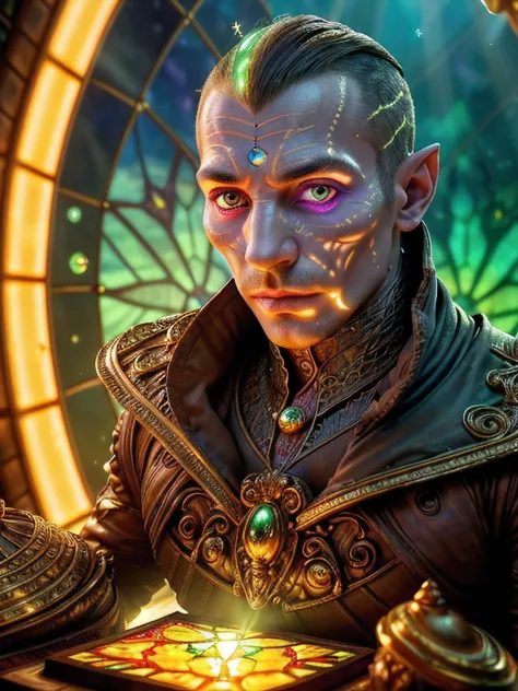 Alien-themed artwork portrait of a unique breathtaking and beautiful (((man))), looking at viewer, Emirati, (((male:1.9) with Long Face, Sloped Eyes, eye colors Brown, snub-nosed nose, soft lip contours, high cheekbones, square chin )), face close-up, (((light play))), (((shadow play))), ((glamour photography)),highly detailed , hyperdetailed, soft light, sharp,Glowing flower field inside large Apothecary Jar,Bokeh,Grim, Golden Hour Light,intricate,elegant, intriguing, magic, colourful, in a fayrie's hut, books, cauldron, window, herbs, magical, mysterious, butterflies, cutecore, Extraterrestrial, cosmic, otherworldly, mysterious, sci-fi, highly detailed<lora:star_wars_offset:1.0>