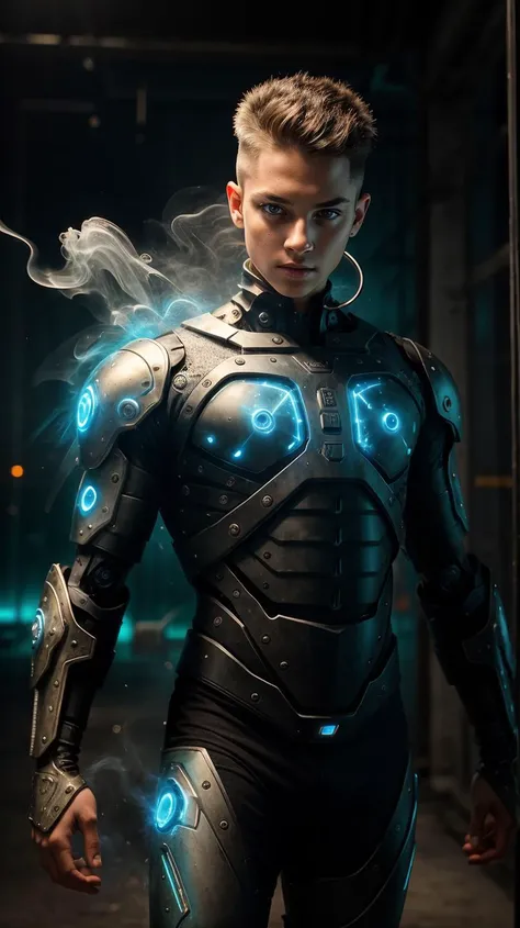 a profesional picture of 1man Vox, the Cybernetic Overlord was a hulking figure, his body a fusion of organic tissue and cold, hard metal. His skin was a patchwork of synthetic flesh and gleaming prosthetics, his left side almost entirely robotic. His eyes were a startling, artificial blue, with slits for pupils that could scan and analyze his surroundings with terrifying efficiency. His cybernetic enhancements were not only cosmetic; they granted him superhuman strength and resilience. He wore a form-fitting, black and silver exoskeleton that hugged his muscled frame, with glowing lines that pulsed with energy. His right hand ended in a powerful, metal claw, while his left was a cybernetic marvel, capable of manipulating advanced technology with a mere thought. BREAK, realistic, perfect quality, best quality, ultrasharp, ultradetailed, perfect quality, masterpiece, intricated details, <lora:add_detail:0.4>, punk, <hypernet:sxzBloom_sxzBloom:0.3>, AS-YoungerV2 < <lora:splashes_v.1.1:0.5> Splash, splashes, splashing, explosion, exploding <lora:Smoke:0.3> smoke, smokkk, colorfull cyan, hotify, vivid colors