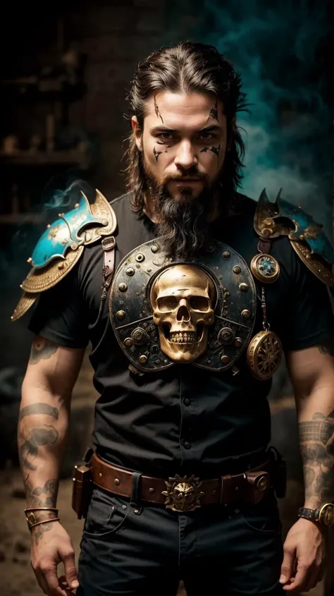 a profesional picture of 1man Fang, the Skull-Faced Bounty Hunter was a grizzled bounty hunter with a reputation for getting the job done, no matter the cost. His face was a patchwork of scars, with a prominent scar running down his right cheek, etching a permanent grimace onto his features. His eyes were a piercing yellow, and his hair was shaved close to his head, except for a long, raven lock that fell over his left eye. He wore a skull-emblazoned helmet that added to his fearsome appearance, and his armor was a mix of dented and scorched plates, a testament to the many battles he'd survived. A bionic armored gauntlet clamped around his left arm, enhancing his already formidable strength. His preferred weapons were a pair of custom-made, laser-etched revolvers, each one with a skull motif that matched his own gruesome visage. BREAK, realistic, perfect quality, best quality, ultrasharp, ultradetailed, perfect quality, masterpiece, intricated details, <lora:add_detail:0.4>, punk, <hypernet:sxzBloom_sxzBloom:0.3>, AS-YoungerV2 < <lora:splashes_v.1.1:0.5> Splash, splashes, splashing, explosion, exploding <lora:Smoke:0.3> smoke, smokkk, colorfull cyan, hotify, vivid colors