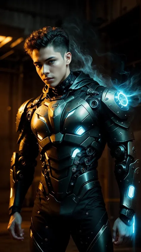 a profesional picture of 1man Vox, the Cybernetic Overlord was a hulking figure, his body a fusion of organic tissue and cold, hard metal. His skin was a patchwork of synthetic flesh and gleaming prosthetics, his left side almost entirely robotic. His eyes were a startling, artificial blue, with slits for pupils that could scan and analyze his surroundings with terrifying efficiency. His cybernetic enhancements were not only cosmetic; they granted him superhuman strength and resilience. He wore a form-fitting, black and silver exoskeleton that hugged his muscled frame, with glowing lines that pulsed with energy. His right hand ended in a powerful, metal claw, while his left was a cybernetic marvel, capable of manipulating advanced technology with a mere thought. BREAK, realistic, perfect quality, best quality, ultrasharp, ultradetailed, perfect quality, masterpiece, intricated details, <lora:add_detail:0.4>, punk, <hypernet:sxzBloom_sxzBloom:0.3>, AS-YoungerV2 < <lora:splashes_v.1.1:0.5> Splash, splashes, splashing, explosion, exploding <lora:Smoke:0.3> smoke, smokkk, colorfull cyan, hotify, vivid colors