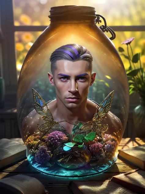 artwork portrait of a unique breathtaking and beautiful (((man))), looking at viewer, Australian, (((male:1.9) with Triangle Face, Deep-Set Eyes, eye colors Grey, Nose with an Asymmetrical Shape, full lips, high cheekbones, cleft chin )), face close-up, (((light play))), (((shadow play))), ((glamour photography)),highly detailed , hyperdetailed, soft light, sharp,Glowing flower field inside large Apothecary Jar,Bokeh,Grim, Golden Hour Light,intricate,elegant, intriguing, magic, colourful, in a fayrie's hut, books, cauldron, window, herbs, magical, mysterious, butterflies, cutecore