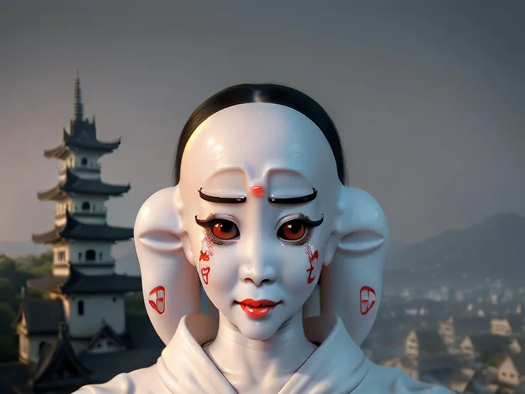 macro shot, Raw photo of ((Yurei):1.5), extremely detailed face eyes lips, background Japanese Castles dot the Landscape, all upgraded to look futuristic, (face:Pear-Shaped Face, Big Eyes, [eye color blue], Nose with an Acquiline Curve Shape, soft lip contours, high cheekbones, pointed chin), trending on pixiv, ArtstationHD, DeviantArt, NicoVideo, Steven Artgerm Lau, WL