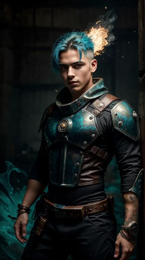 a profesional picture of 1man Riven, the Gunslinging Rogue was a man of few words and many secrets, with a reputation as the galaxy's most skilled and elusive rogue. His attire was a mix of military and outlaw, with a breastplate of modular durasteel plates over a black, form-fitting body suit. His left arm was cybernetically enhanced, the gleaming metal of his bionic limb a stark contrast to his toned, human flesh. His hair was short and spiky, dyed a shade of electric blue that matched the glowing lines in his cybernetic eye. He wore a bandolier across his chest, from which a variety of custom-made pistols and tools hung. His movements were quick and fluid, and his gaze was always watchful, ready for the next job or the next fight. BREAK, realistic, perfect quality, best quality, ultrasharp, ultradetailed, perfect quality, masterpiece, intricated details, <lora:add_detail:0.4>, punk, <hypernet:sxzBloom_sxzBloom:0.3>, AS-YoungerV2 < <lora:splashes_v.1.1:0.5> Splash, splashes, splashing, explosion, exploding <lora:Smoke:0.3> smoke, smokkk, colorfull cyan, hotify, vivid colors