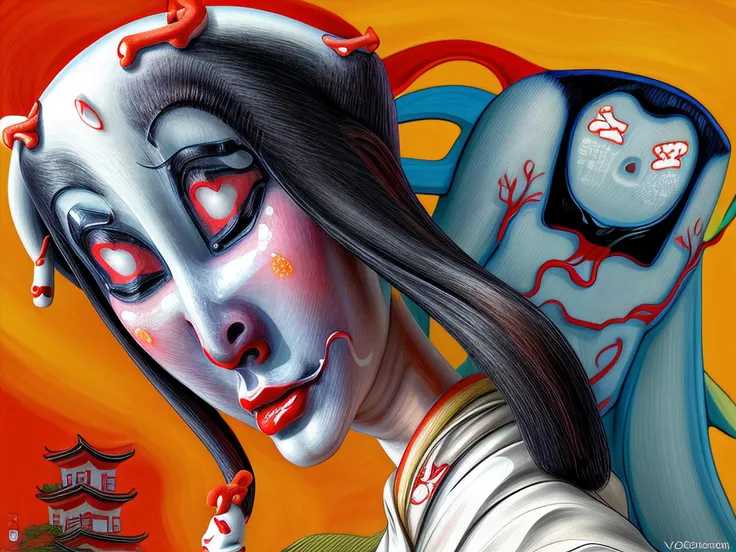 Fauvism Art of Dutch angle, Raw photo of ((Yurei):1.5), extremely detailed face eyes lips, background Japanese Castles dot the Landscape, all upgraded to look futuristic, (face:Square Oblong Face, Downturned Eyes, [eye color amber], long nose, thin lips, lower cheekbones, weak receding chin),, painterly, bold colors, textured brushwork, fauvism art style, 8k, trending on art