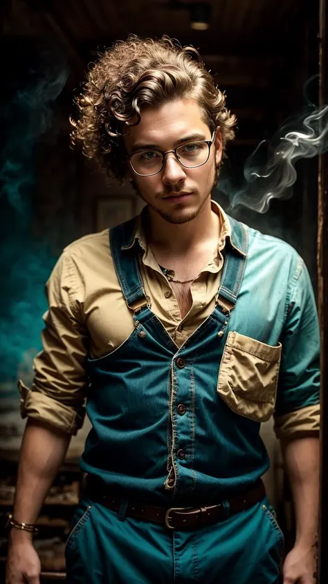 a profesional picture of 1man Tristan, the Eccentric Inventor Tristan was a peculiar man, with a mind racing with ideas and a wardrobe to match his eccentricities. His hair was a wild tangle of curls, the color of spun gold, and his eyes were a merry, twinkling blue. He wore a patchwork of mismatched clothes, each piece seemingly chosen for its unusual design or function. His pants were striped, his shirt was buttoned crookedly, and his suspenders were actually repurposed robotic arms that could grip and manipulate objects with surprising dexterity. Tristan's glasses were thick and round, and they magnified his gaze, which was often lost in thought or bubbling with excitement over his latest invention. He was rarely seen without his trusty notebook, which was filled with sketches and diagrams of his fantastical creations. BREAK, realistic, perfect quality, best quality, ultrasharp, ultradetailed, perfect quality, masterpiece, intricated details, <lora:add_detail:0.4>, punk, <hypernet:sxzBloom_sxzBloom:0.3>, AS-YoungerV2 < <lora:splashes_v.1.1:0.5> Splash, splashes, splashing, explosion, exploding <lora:Smoke:0.3> smoke, smokkk, colorfull cyan, hotify, vivid colors